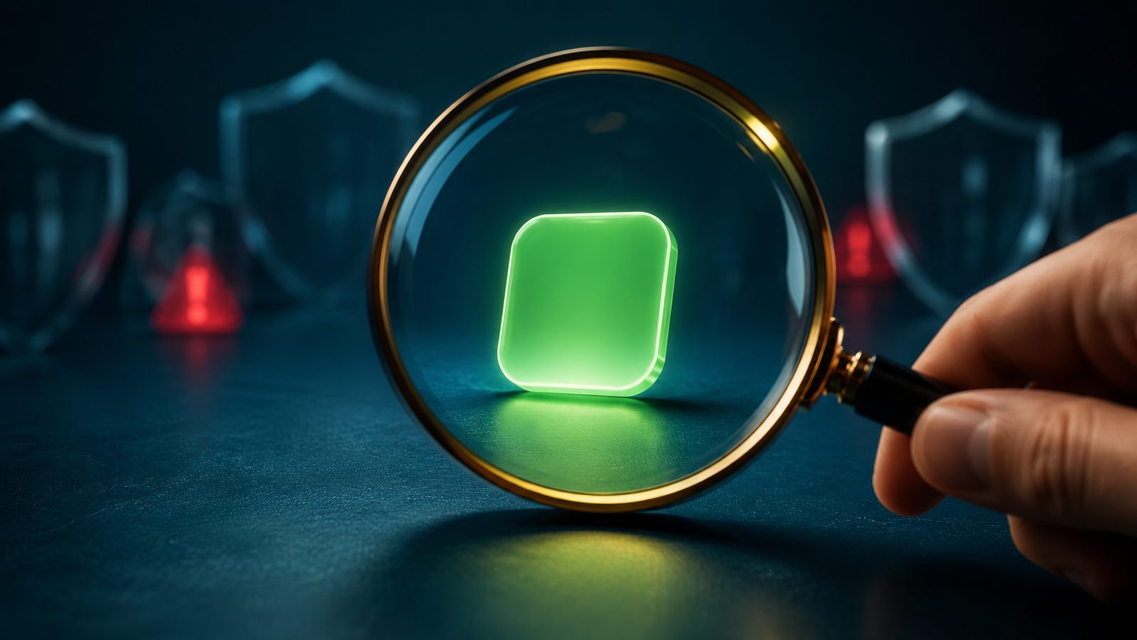 Magnifying glass over Android app icons representing a safety audit of APK download sites