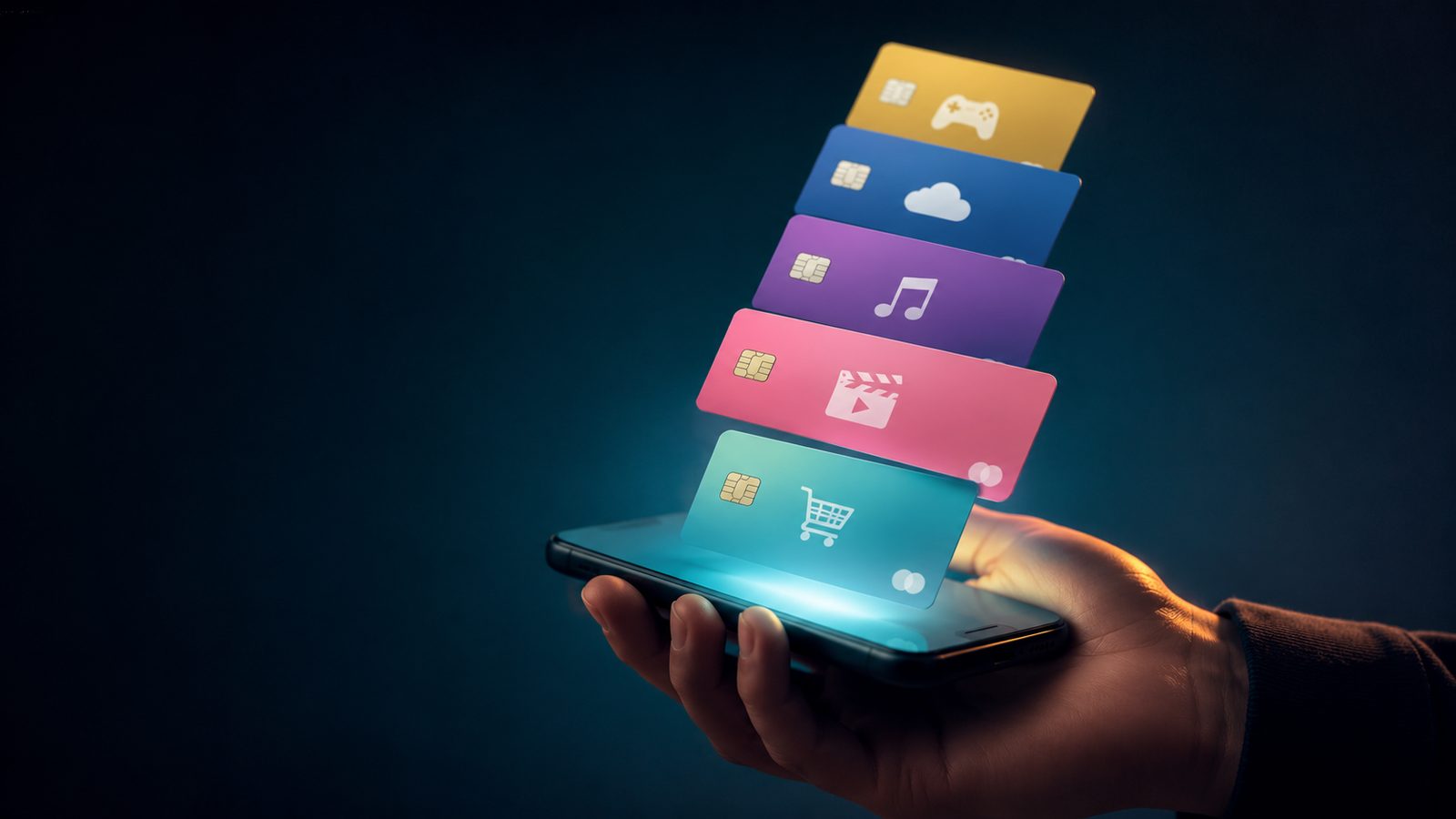 Android phone showing a subscription tracker app dashboard with recurring payment icons and a monthly spending total