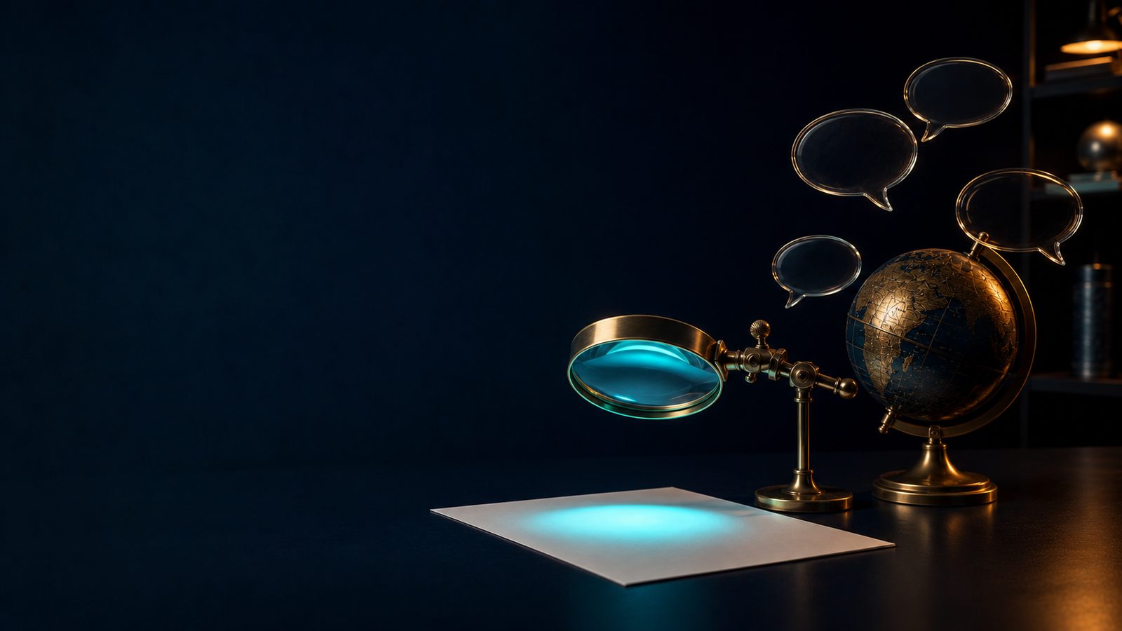 A brass magnifying lens on a stand casting a teal glow over a blank sheet of paper beside a brass desk globe with empty glass speech bubbles floating above it
