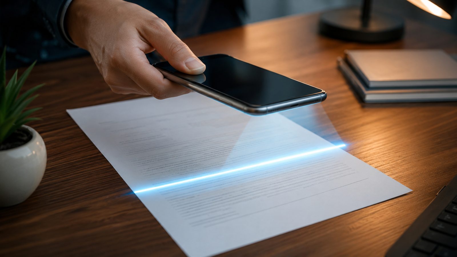 Smartphone scanning a paper document into a PDF file, representing document scanner apps without a subscription