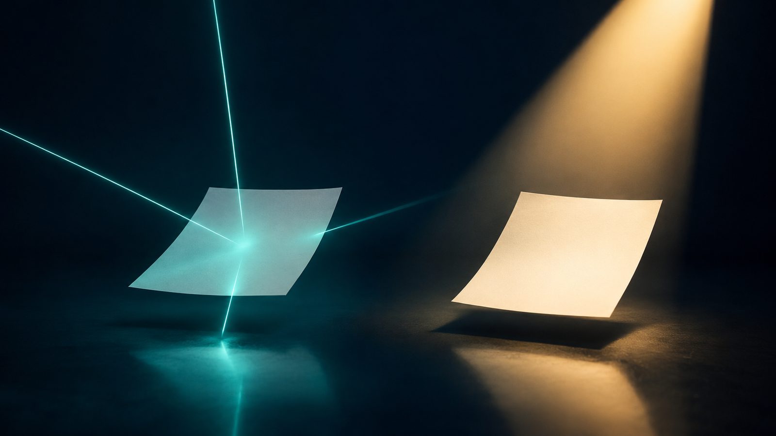 Two blank sheets of paper on a dark surface, one lit by several thin teal beams converging on it at once, the other by a single precise gold spotlight