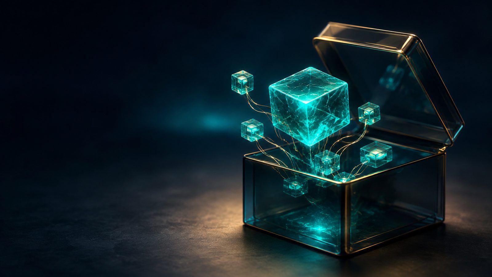 An open glass parcel box on a dark surface releasing one large glowing teal cube and several smaller translucent blocks joined by thin gold threads