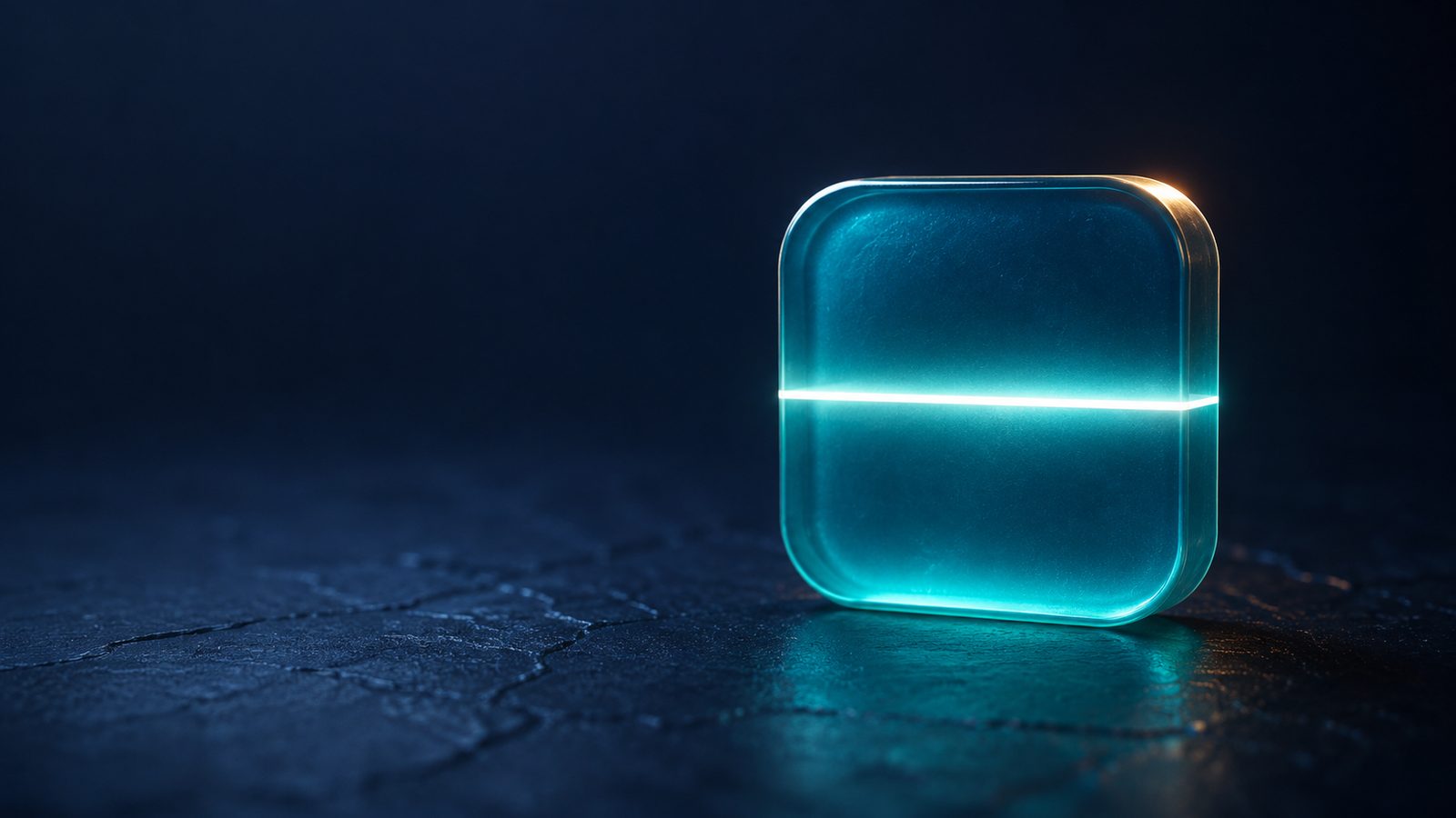 A glowing teal app icon on a dark navy surface with a bright horizontal bar of scanning light sweeping across its face