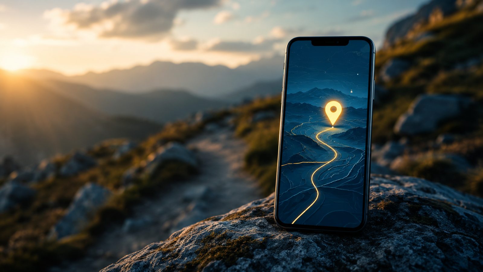 Smartphone showing a downloaded offline map route with no signal bars, representing offline navigation apps that need no data