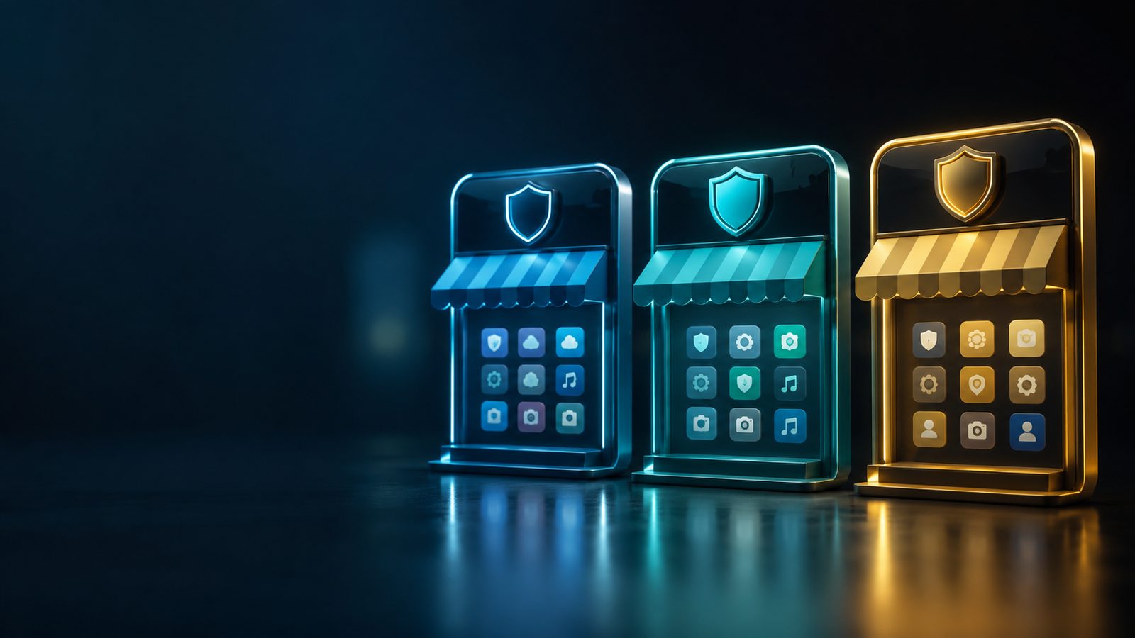 Aptoide, APKPure, and APKMirror app icons compared side by side for Android APK safety in 2026